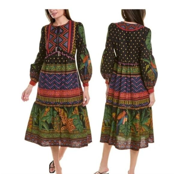 FARM RIO Dress Women Medium Midi Forest Tapestry‎ Linen Blend Boho Cottagecore - Picture 1 of 10